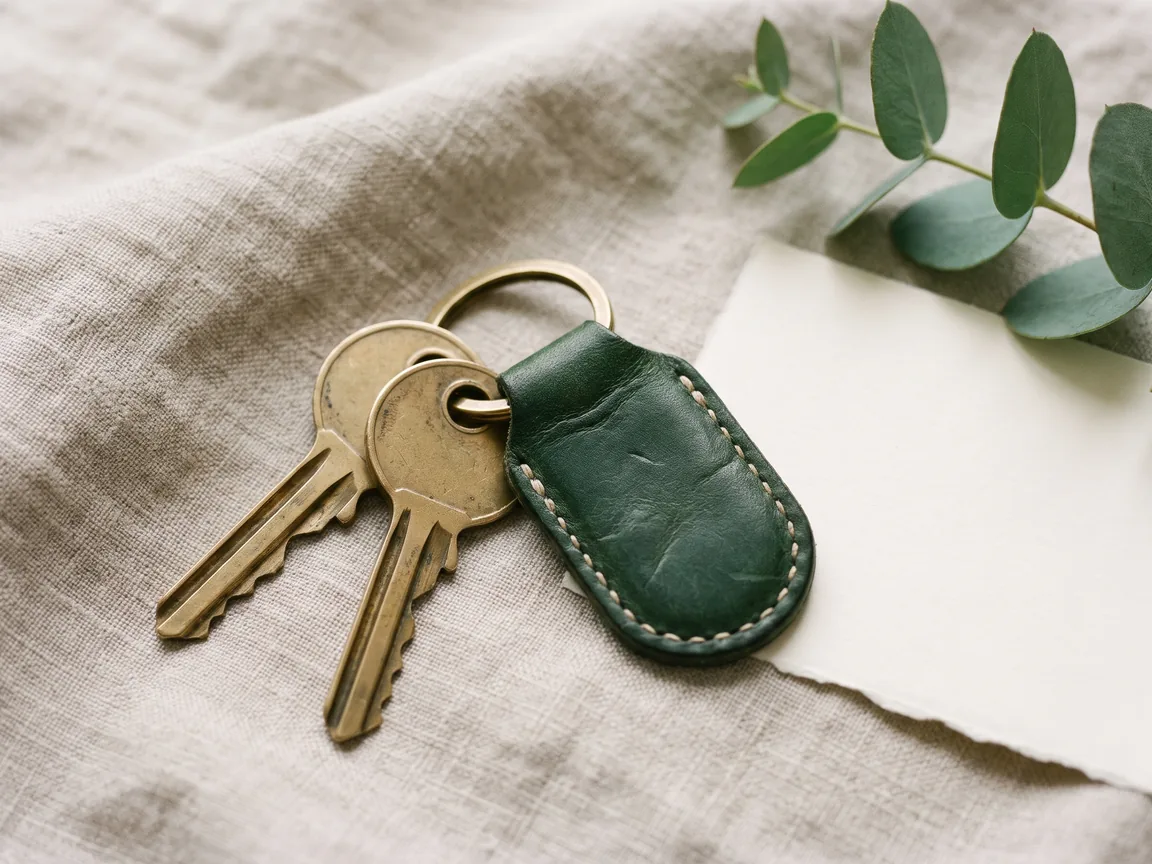 Brass house keys on a green leather tag beside a blank welcome card