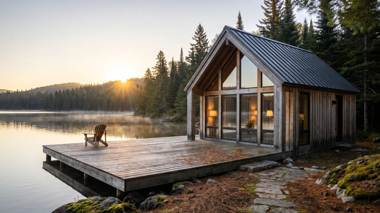 A timber lake cabin with glowing windows and a wooden dock at sunrise